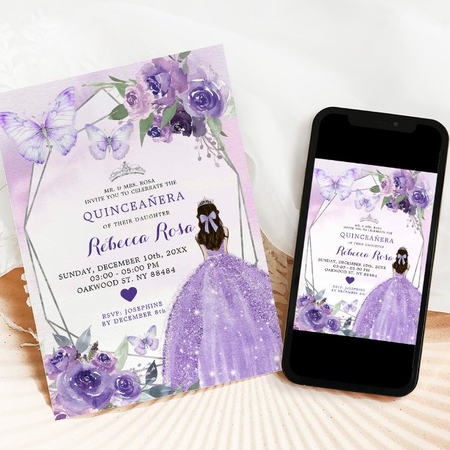 Lavender Ro Princess Quinceañera Butterfly Inbjudningar (Skapare uppladdad)
