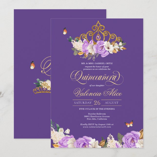 Lavender Ro Royal Lila Guld Tiara Quinceanera Inbjudningar (Fram/baksida)