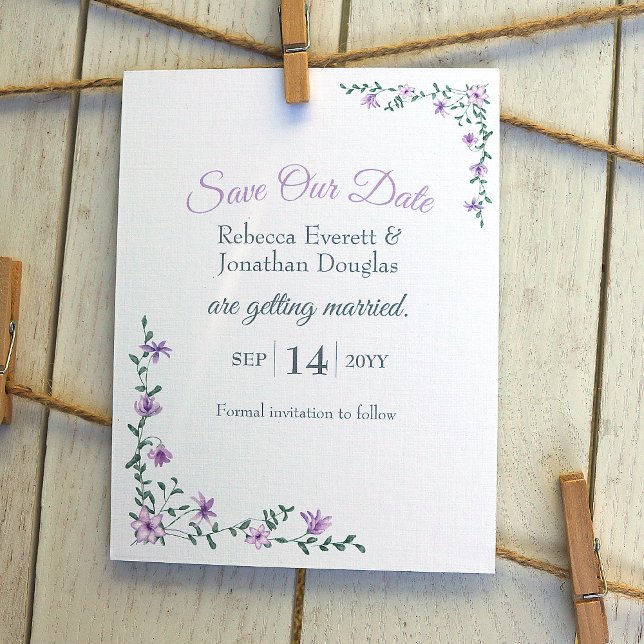 Lavender Ro Vines Bröllop Spara vårt datum Inbjudningar (lavender purple flowers wedding save our date card, dusty purple lilies)