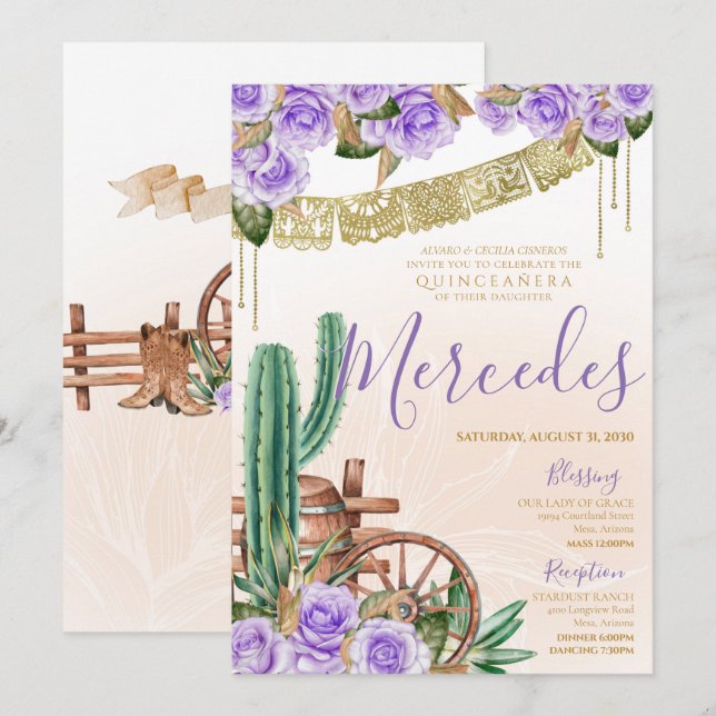 Lavender Ro Western Cactus Charro Quinceanera Inbjudningar (Fram/baksida)