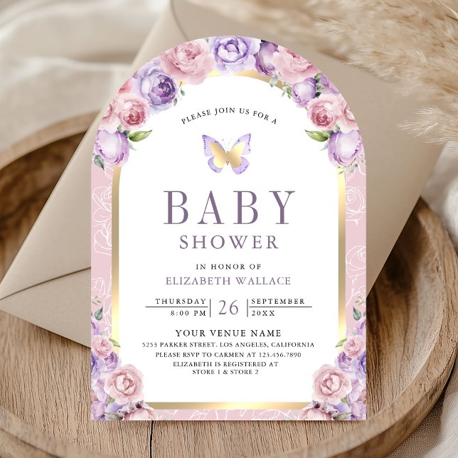 Lavender Rosa Blommigt  Arch Butterfly Baby Shower Inbjudningar (Skapare uppladdad)