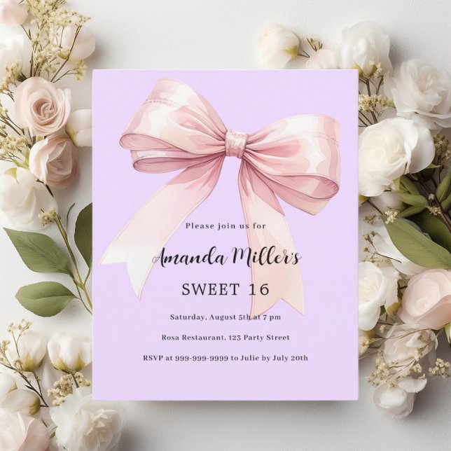 Lavender rosa bow Sweet 16 inbjudan (Skapare uppladdad)