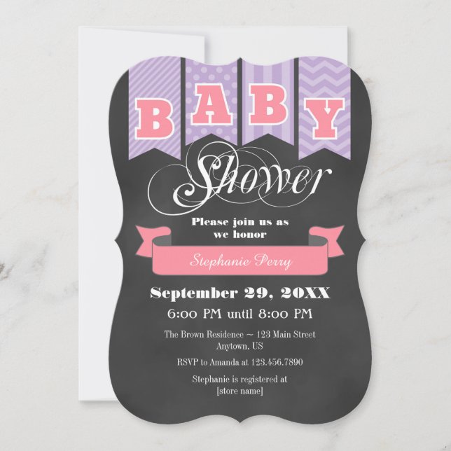 Lavender Rosa Chalkboard Flagga Baby Shower Inbjud Inbjudningar (Framsida)
