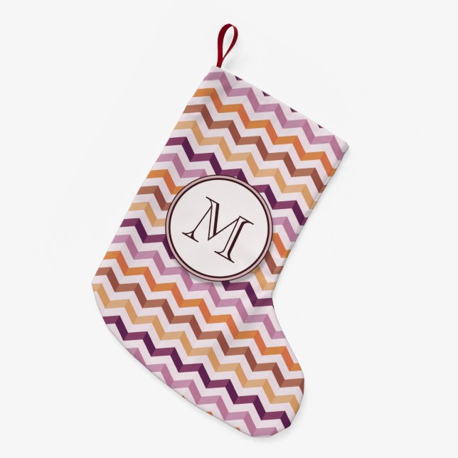 Lavender Rosa Chevron Rand w/ Round Monogram Liten Julstrumpa (Framsidan (Hängande))