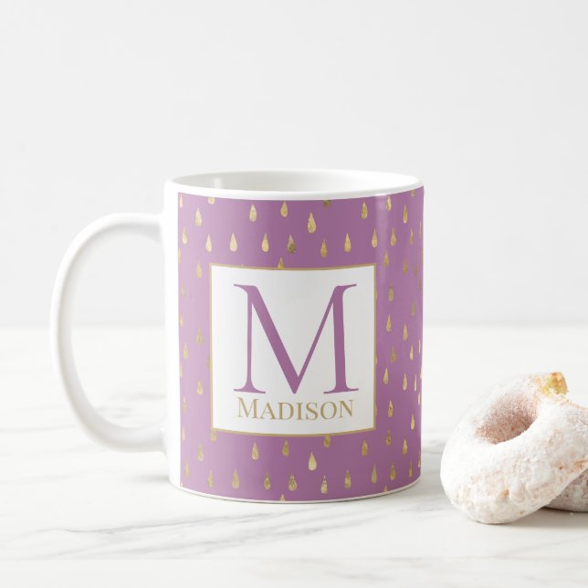 Lavender Rosa Guld RainDrop Modern Trendig Monogra Kaffemugg (Med munk)