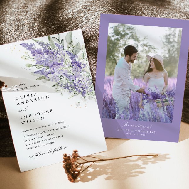 Lavender & Sage Green Floral Photo Wedding Inbjudningar (Lavender sage green floral photo wedding invitation with romantic couple field imagery)
