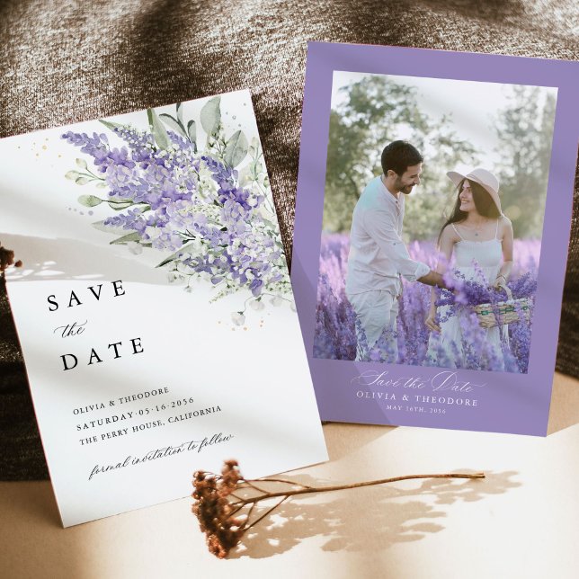Lavender & Sage Green Floral Photo Wedding Spara Datumet (Lavender & Sage Green photo save the date cards with romantic watercolor floral front & photo back)