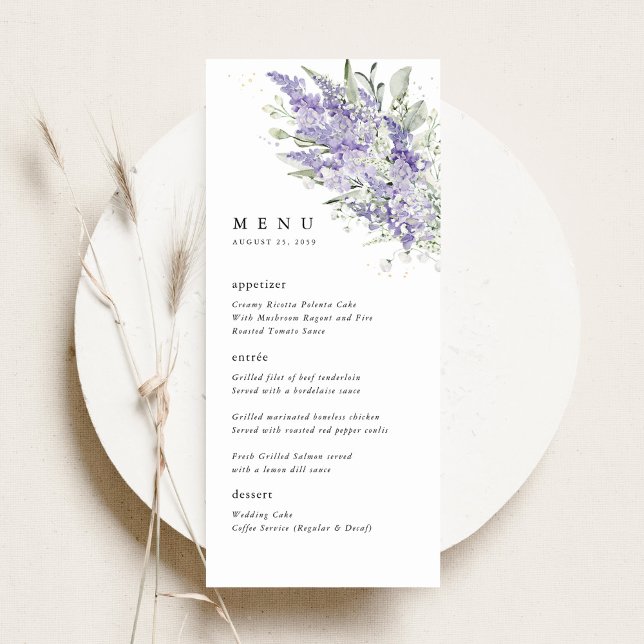 Lavender & Sage Green Floral Wedding Dinner Meny (Lavender sage green floral wedding menu card, elegant reception menu with watercolor flowers)