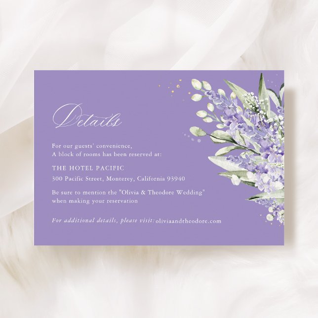 Lavender & Sage Green Floral Wedding Hotel Details Tilläggskort (Lavender & sage green floral wedding hotel details card, watercolor elegant accommodation card)