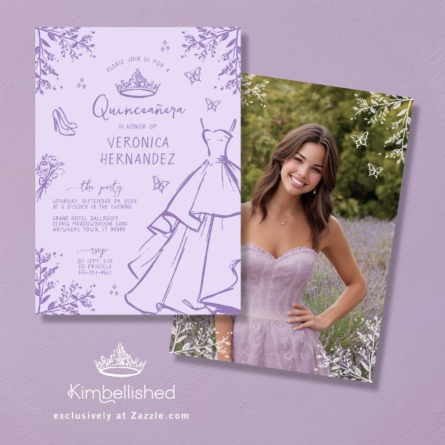Lavender Scribble Photo Quinceanera-inbjudan Inbjudningar (Front and Back)