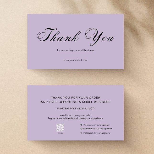 Lavender Script Thank You Card QR Small Business Visitkort (Skapare uppladdad)