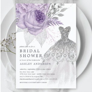 Lavender Silver Blommigt Bröllop Dress Möhippa Inbjudningar