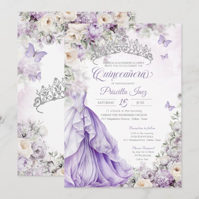 Lavender Silver Butterfly Princess Quinceañera Inbjudningar (Fram/baksida)
