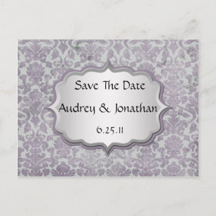 Lavender Silver Grunge Damask Save Date Meddelande Vykort