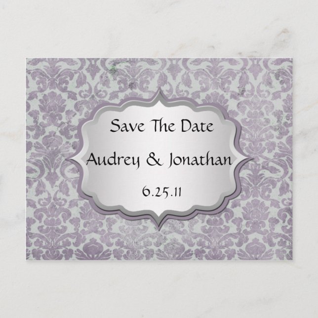 Lavender Silver Grunge Damask Save Date Meddelande Vykort (Framsida)