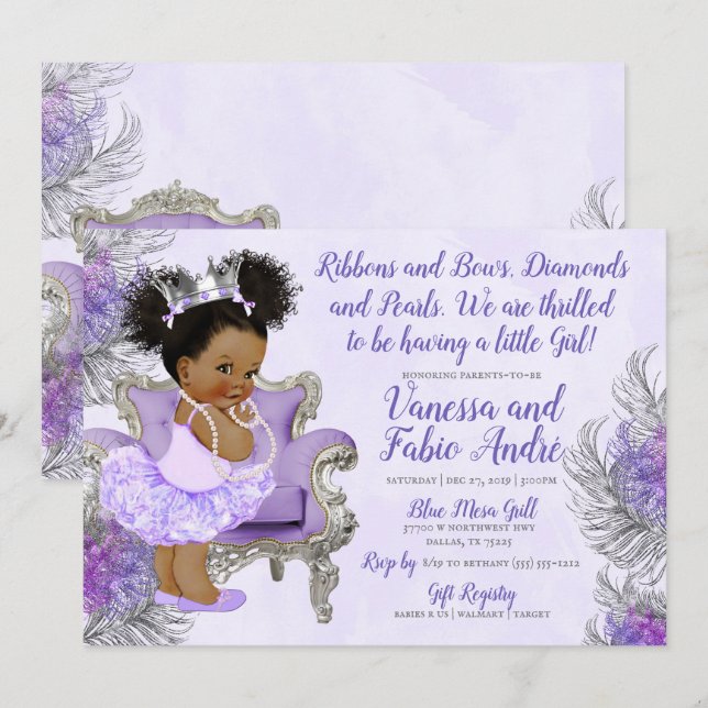 Lavender Silver Princess Baby Shower Inbjudningar (Fram/baksida)