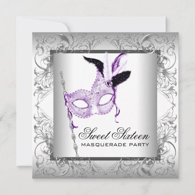 Lavender Silver Sweet 16 Masquerad Party Inbjudningar (Framsida)