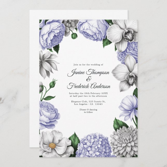 Lavender & Silver Watercolor Floral Wedding Inbjudningar (Fram/baksida)