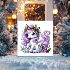 Lavender Snö Unicorn med Holly Sprigs Julkort