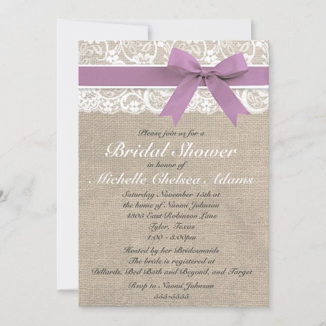 Lavender Snöre Burlap Inbjudningskort för möhippan (Framsida)