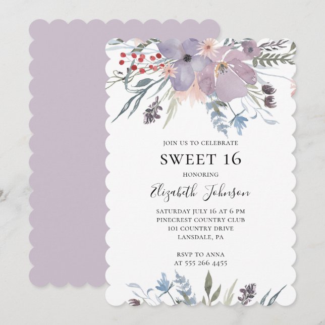 Lavender söt 16. Lila blommigt 16 födelsedag Inbjudningar (Fram/baksida)