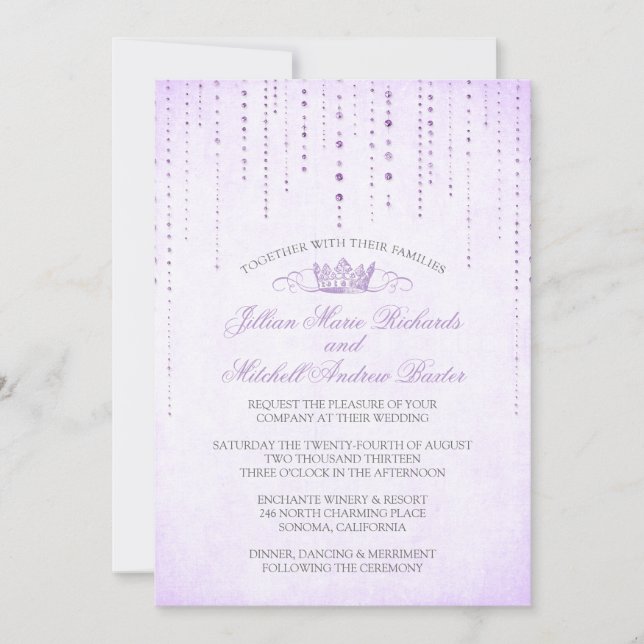 Lavender Sparkles & Krona Fairytale Bröllop Inbjudningar (Framsida)