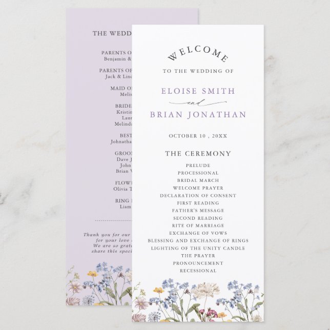 Lavender Spring Wildflower Meadow Garden Wedding  Program (Fram/baksida)