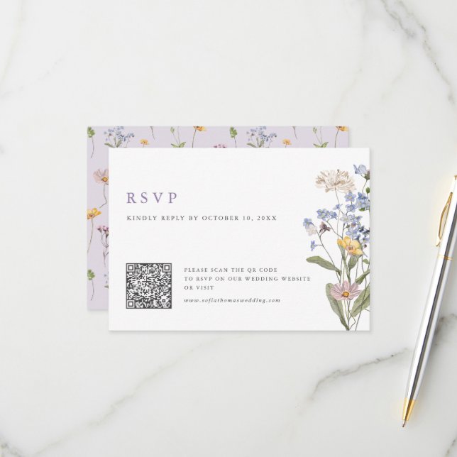 Lavender Spring Wildflower Meadow Wedding QR Code OSA Kort (Fram/Back In Situ)