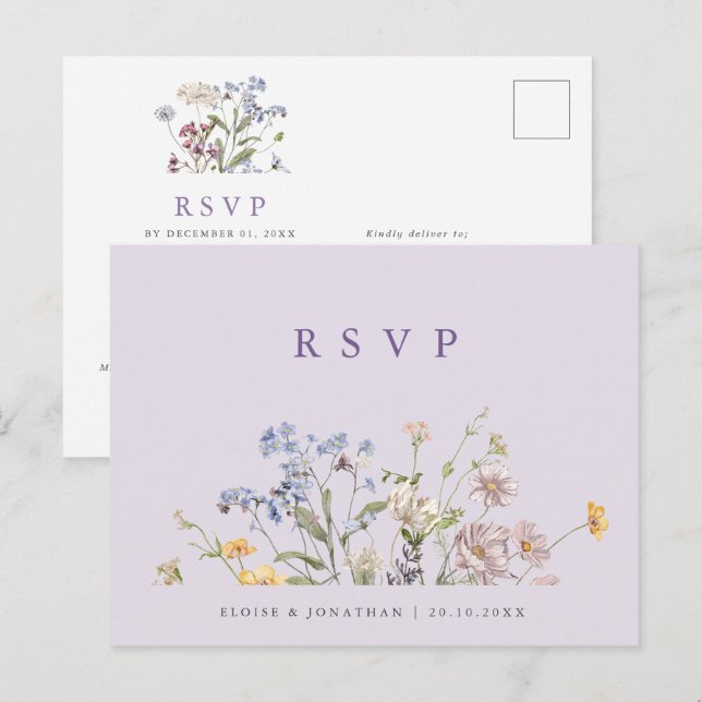 Lavender Spring Wildflower Meadow Wedding RSVP Vykort (Fram/baksida)