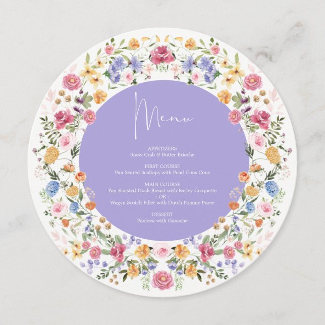 Lavender Spring Wildflower Round Charger Plate Meny (Framsida)