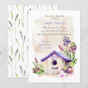 Lavender Stems Lila Birdhouse Baby Shower Inbjudningar