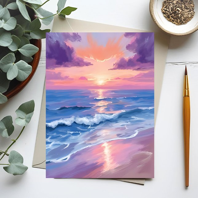 Lavender Sunset Lila Beach Ocean Watercolor Vykort (Skapare uppladdad)
