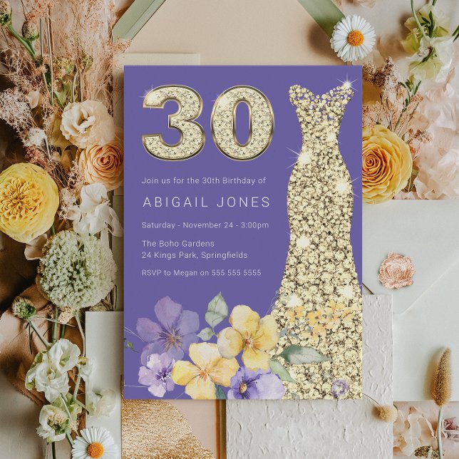Lavender & Sunshine Guld Gown 30års födelsedag Par Inbjudningar (Skapare uppladdad)