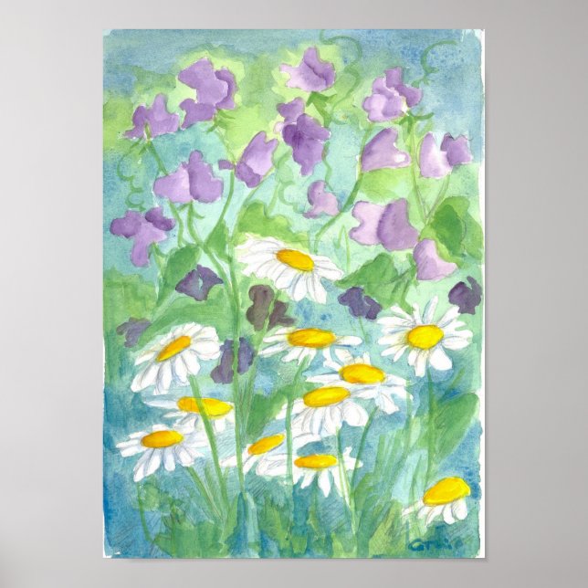 Lavender Sweet Pea Shasta Daisy Watercolor Poster (Framsidan)