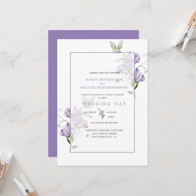 Lavender Sweet Peas Floral Wedding Invitation Inbjudningar (Fram/Back In Situ)