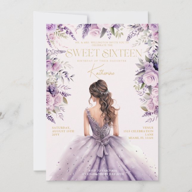 Lavender Sweet sixteen 16 Lila Dress Blommigt Inbjudningar (Framsida)
