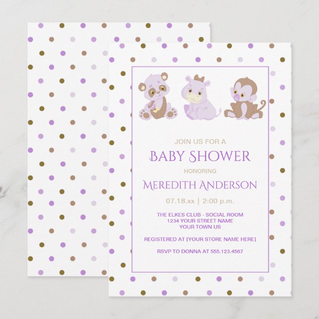 Lavender Tan Lila Polka dots Baby Shower Inbjudningar (Fram/baksida)
