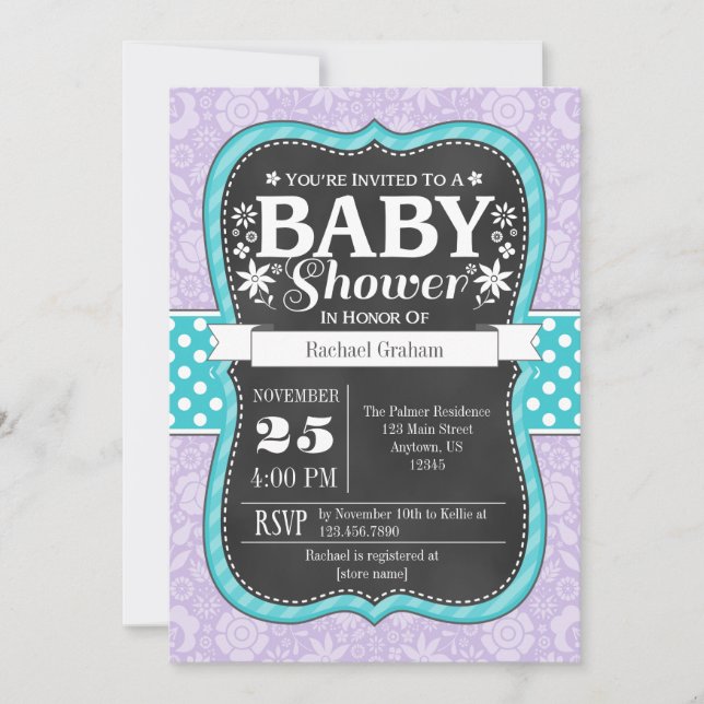 Lavender Teal Chalkboard Blommigt Baby Shower Inbj Inbjudningar (Framsida)