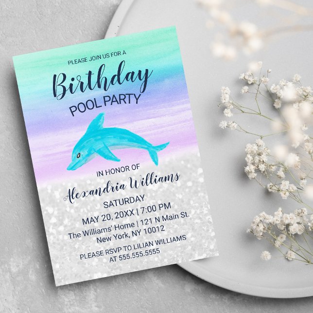 Lavender Teal White Glitter Dolphin Pool Birthday Inbjudningar (Lavender Teal White Glitter Dolphin Pool Birthday)