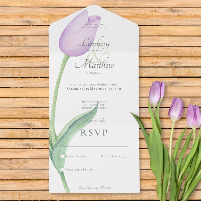 Lavender Tulip Solo Lila Modern ingen middag (Lavender Tulip Solo Purple Modern No Dinner All In One Invitation)
