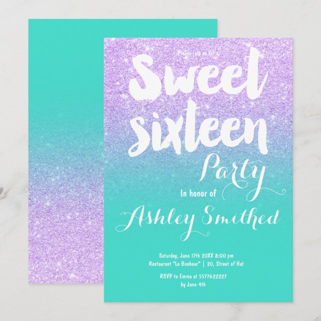 Lavender turkos glitter typography Sweet 16 Inbjudningar (Fram/baksida)