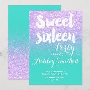 Lavender turkos glitter typography Sweet 16 Inbjudningar
