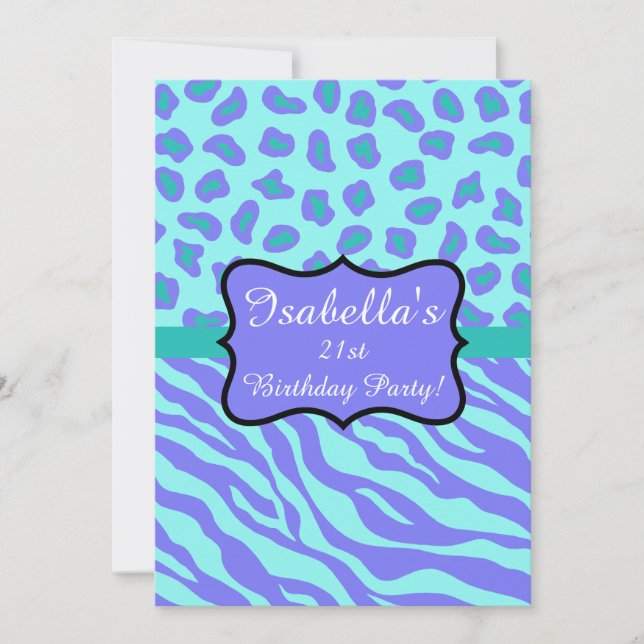 Lavender Turkvoise Zebra Leopard Skin Quinceañera Inbjudningar (Framsida)