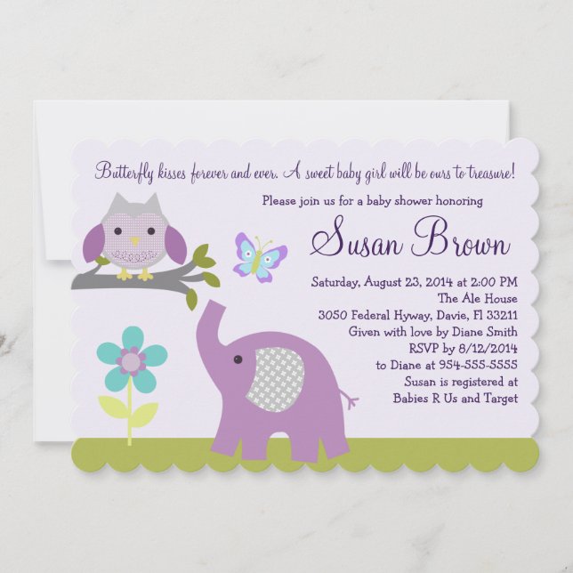 Lavender Uggla Elephant Butterfly Baby Shower Inbj Inbjudningar (Framsida)