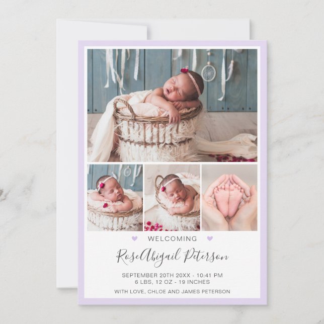 Lavender Välkommen Baby Stats Newborn Girl Birth Meddelande (Framsida)