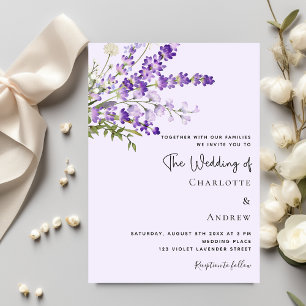 Lavender vattenfärgade blommigtar violet bröllop inbjudningar