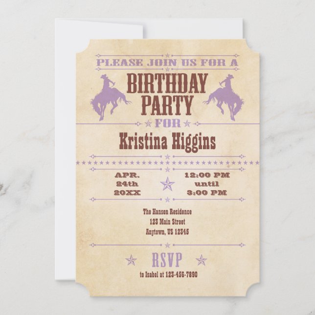 Lavender Vintage Cowboy Birthday-inbjudan Inbjudningar (Framsida)