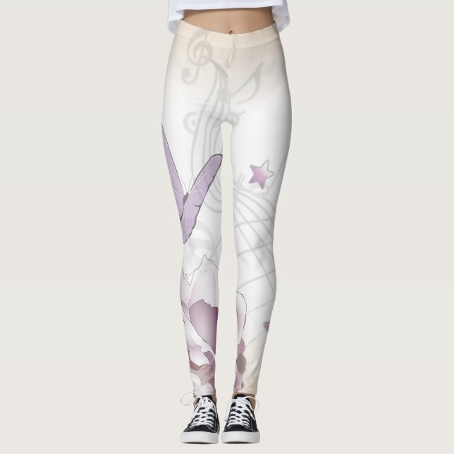 Lavender Vintage Flower, Butterfly, Music, Clocks Leggings (Framsida)