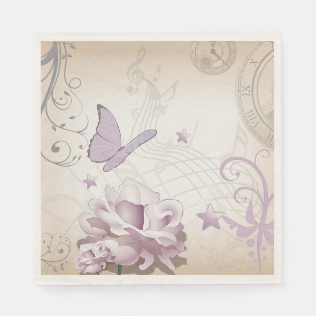Lavender Vintage Flower, Butterfly, Music, Clocks Pappersservett (Framsidan)