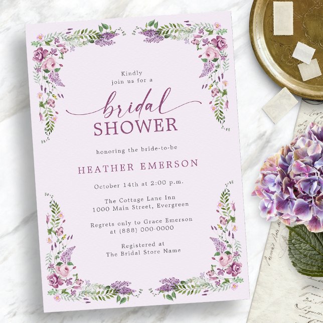 Lavender Vintage Möhippa Inbjudningar (Lavender Vintage Bridal Shower Invitation
)